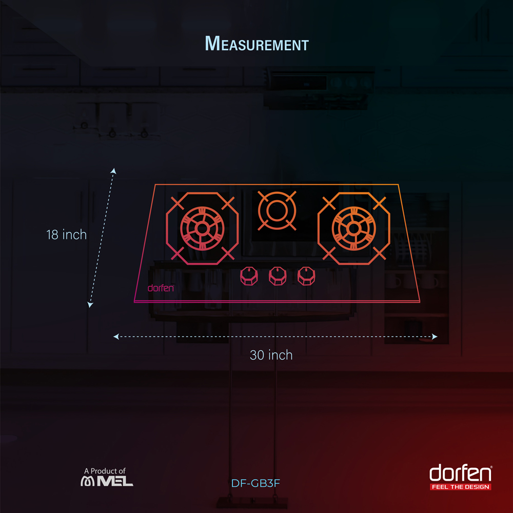 DORFEN 3-Burner Tempered Glass Panel Gas Cooker, DF-GB3F