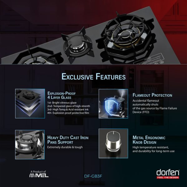 DORFEN 3-Burner Tempered Glass Panel Gas Cooker, DF-GB3F