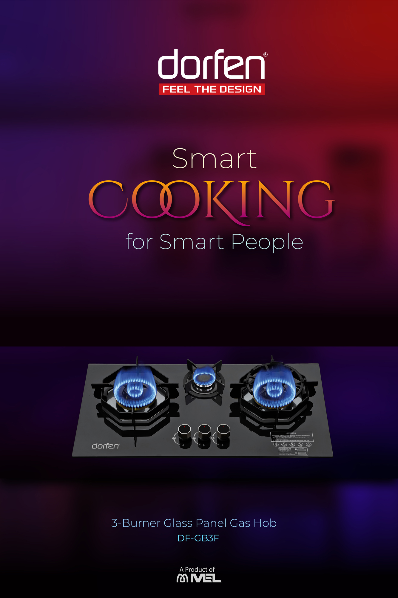 DORFEN 3-Burner Tempered Glass Panel Gas Cooker, DF-GB3F