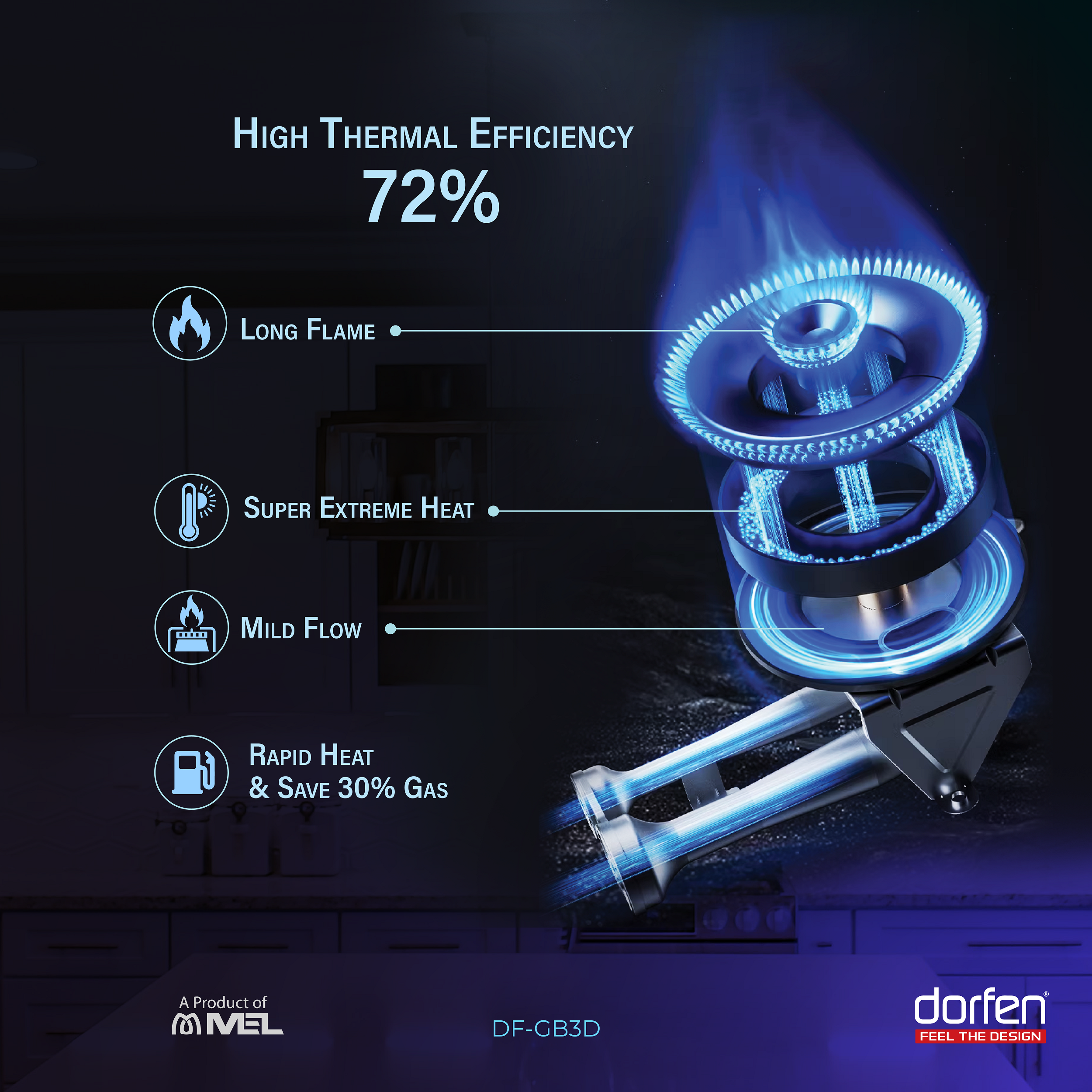 DORFEN Built-in Gas HOB with 3 Burner Marble Panel, DF-GB3D