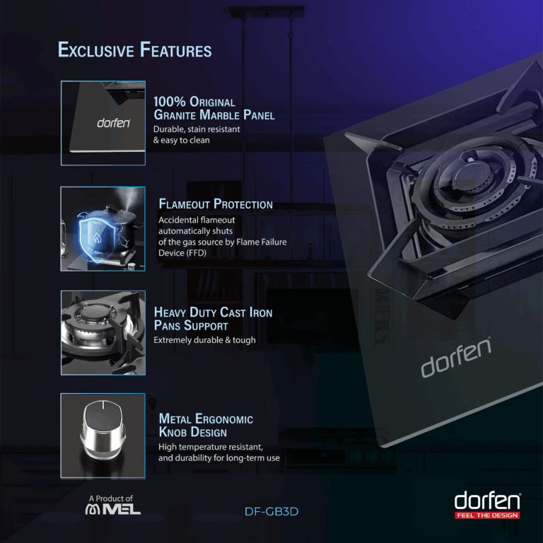 DORFEN Built-in Gas HOB with 3 Burner Marble Panel, DF-GB3D
