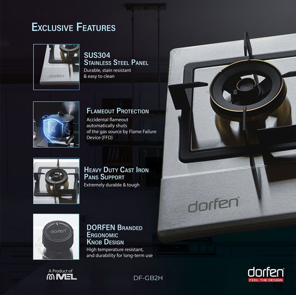 DORFEN 2-Burner Gas Stove High Quality SS Panel, DF-GB2H
