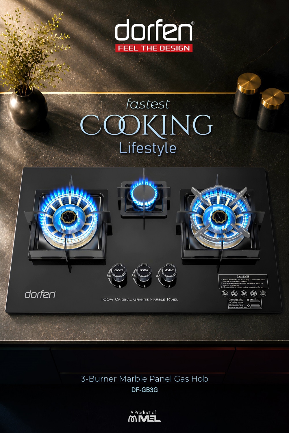 DORFEN 3-Burner Gas Stove Granite Marble Panel, DF-GB3G