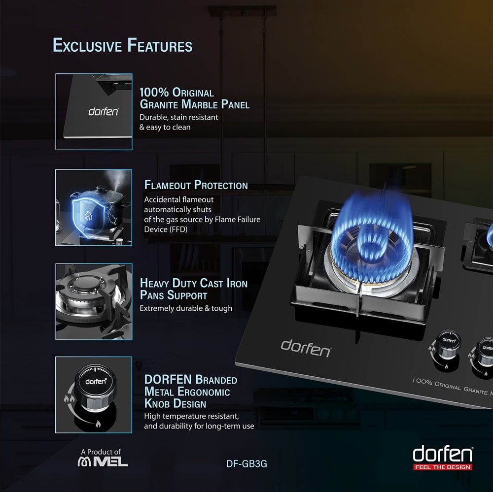DORFEN 3-Burner Gas Stove Granite Marble Panel, DF-GB3G